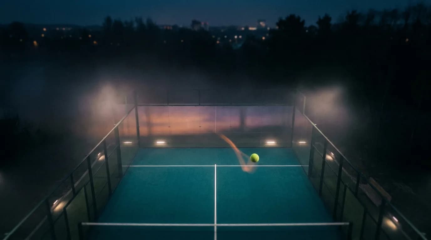 Pista de pádel iluminada con paredes de cristal al anochecer